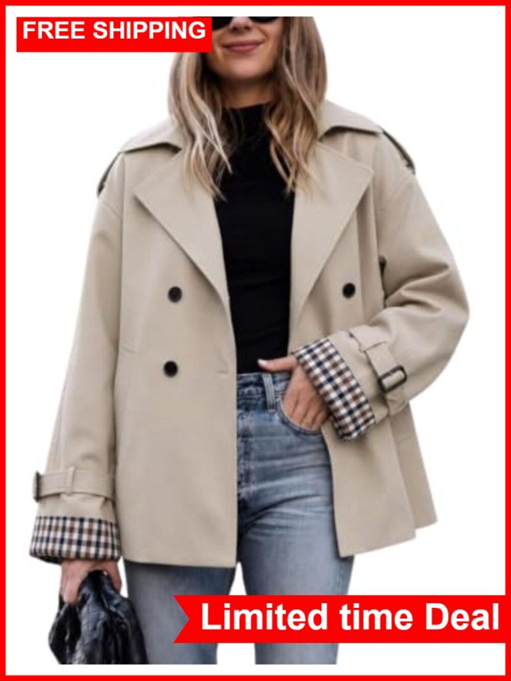 Women's Oversized Cropped Trench Coat 100% Polyester Double Breasted Button